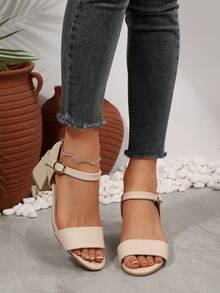 1 Paar Mädchen/Teenager einfarbige Riemen glänzende runde Zehenöffnung Slingback High Heel Schuhe, Metallschnalle Plateauabsatz, bequeme lässige elegante Sandalen, geeignet für 15+ Jahre, Party, Campus, Urlaub, Strand, Frühling/Sommer - Beige - Übersicht 4
