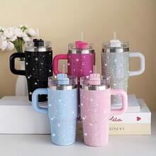 1pc 14oz Stainless Steel Cup With Handle & Straw - Double-Wall Insulated Travel Mug, Spill-Proof Lid - Keeps Drinks Hot/Cold For Hours - Elegant Glittering Diamonds - Perfect For Car, Office, Camping, Holidays - Ideal Christmas, Birthday, Valentine's Gift - (Black/Pink/Blue/), Travel Coffee Mug Insulated, Camping Essentials, Rhinestone Embellished, Quality Insulation, Office Drinkware, Decorative Drinkware, Premium Material, Hot And Cold Cup, Outdoor Enthusiasts, Perfect For Thanksgiving - 水鑽粉紅色 - 查看 6