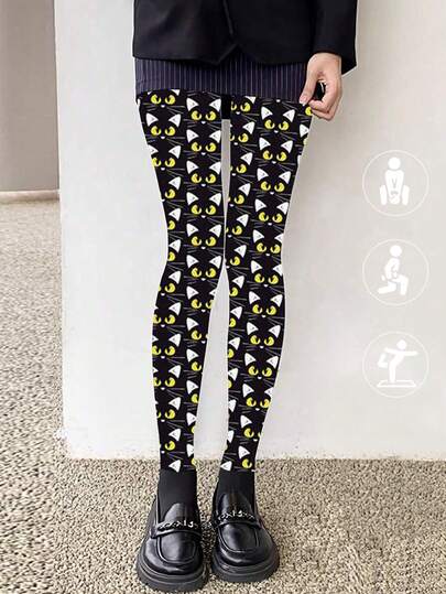 1 pieza Leggings con estampado de gato malvado/Mallas elásticas versátiles y de moda