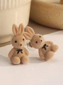 1 Pair Of Women's Sweet Fluffy Cartoon Studs: 3D Flocked Bunny, Simple Cute Earrings , 3D Simple Cute Studs: Flocked Bunny, Women's Sweet Fluffy Cartoon Ear Accessories - 棕色 - 查看 4