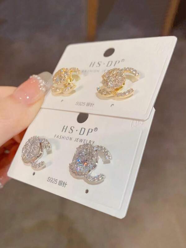 1 Pair Luxury Fully Rhinestone CC Monogram Geometric 925 Sterling Silver Stud Earrings, Suitable As Valentine's Day Gift For Goddess