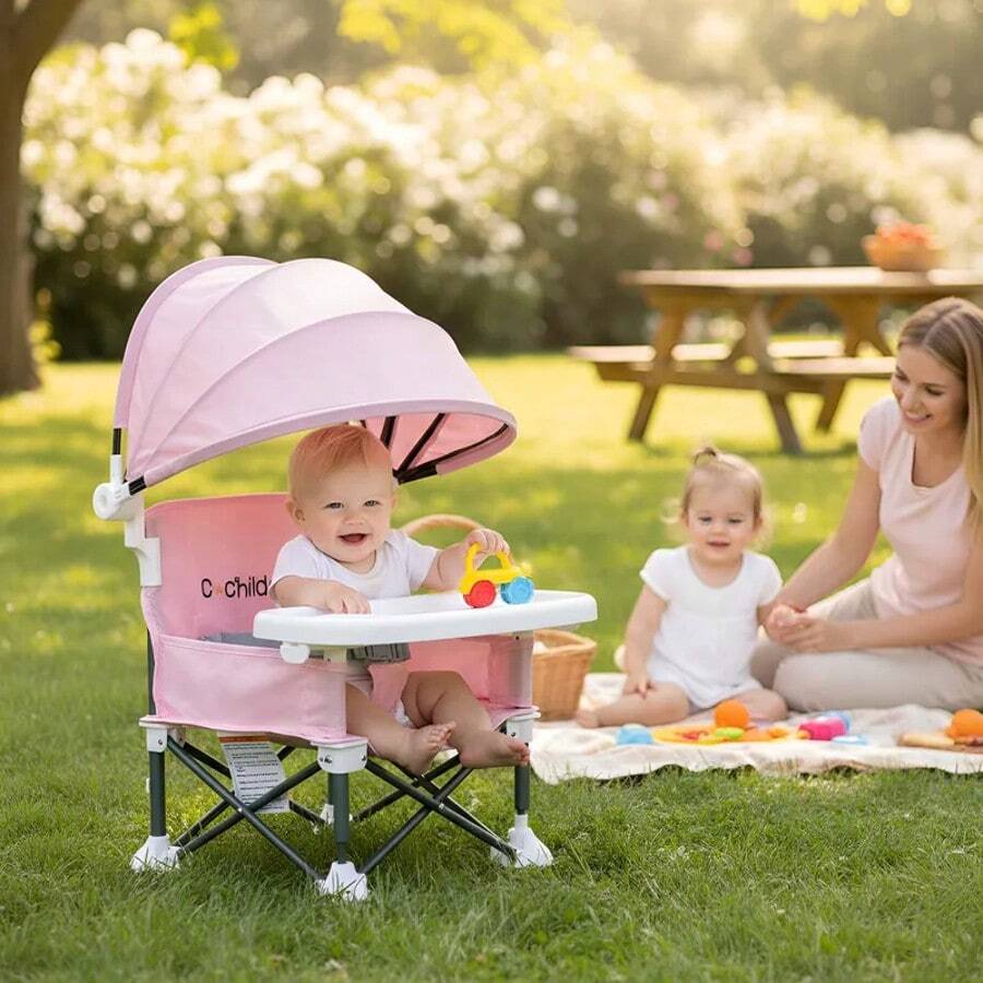Portable Children's Dining Chair,  Easy Clean Toddler Booster Seat,  Detachable Plate Baby Feeding Seat With Safety Belt, Metal Frame For Stability, Pink
