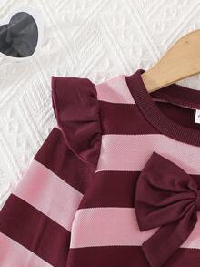 2pcs Baby Girls Casual Minimalist Spring/Autumn New Striped Round Neck Long Sleeve Bow Decor Top & Solid Color Flare Pants Set - Multicolor - View 5