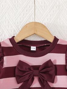 2pcs Baby Girls Casual Minimalist Spring/Autumn New Striped Round Neck Long Sleeve Bow Decor Top & Solid Color Flare Pants Set - Multicolor - View 4