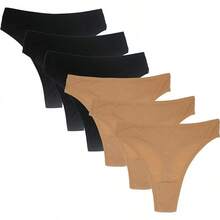 High Waisted Cotton Thongs For Women, Breathable Plus Size Multipack - 黑色*3 裸色*3 - 查看 1