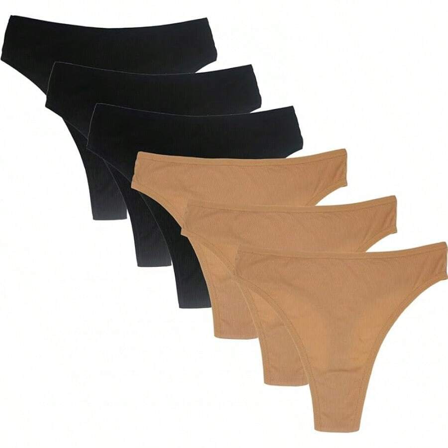 High Waisted Cotton Thongs For Women, Breathable Plus Size Multipack - 黑色*3 裸色*3 - 查看 1