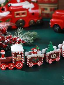 1 pieza Tren navideño con diseño pintado, decoración navideña de madera, mini árbol de Navidad, hombre de jengibre, decoración de tren navideño para fiestas navideñas, decoración de mesa (Papá Noel, rojo), Navidad - Multicolor - Ver 3
