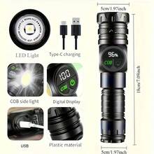 Rechargeable High-Power LED Flashlight With, Zoomable Spotlight, COB Light, Super Bright, Long Range, Tactical Work Light For Camping, Hiking, Emergency, And Travel, Hiking Gear | Robust Flashlight | Flashlight Rechargeable - Black - View 8