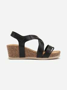 Sandálias de cunha de cortiça femininas - Casual Summer Travel - Preto - Ver 3