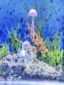 6/3 件迷你人造水母水族箱装饰 - 荧光夜光逼真水母雕像，带彩色触手，非电动，适用于淡水和海水鱼缸、水族箱造景配件 - 彩色 - 查看 3