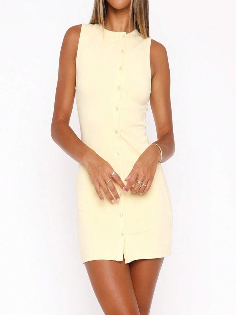 Womenacute;S Summer Tank Dress Solid Color Sleeveless Round Neck Button Down Mini Bodycon Dress - Yellow - View 1