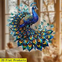 Captor de lumini 2D plat în formă de păun - cu decor cu lanț agățat, nu necesită electricitate - decorațiune elegantă pentru casă, birou, grădină, curte - cadou perfect pentru iubitorii de păsări, casă nouă, nuntă - decor cu animale în stil boem, efect de vitraliu albastru-verde-auriu, design de captare a luminii, 2D plat