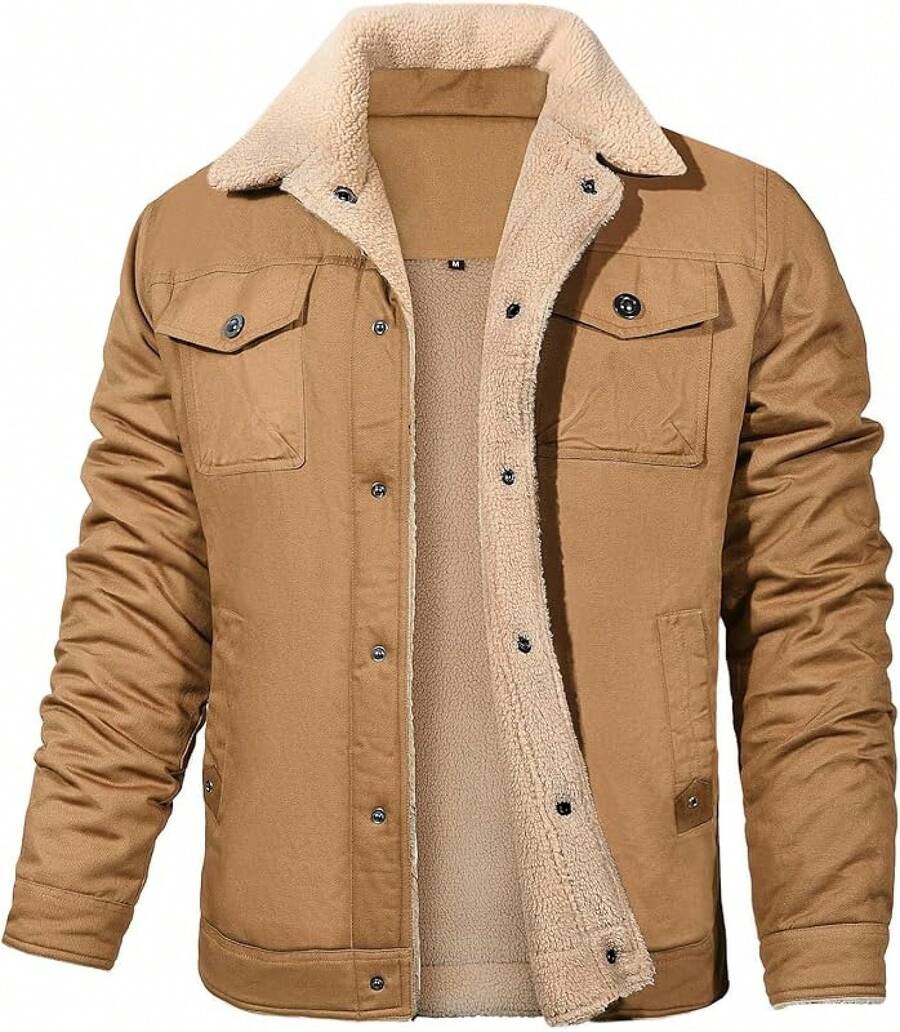 Mens Winter Thick Thermal Cotton Warm Fleece Lined Sherpa Trucker Lapel Work Cargo Jackets Coat OuterwearChristmas 8453 - 卡其色 - 查看 1