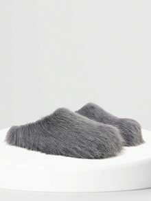New Womens Faux Fur Slipper Round Toe Fuzzy Fluffy Comfortable Flat Warm Gray Furry Slipper Home Bedroom Slides Shoe Thick Plush Casual Wear Cozy Style Easter Gifts Flat Indoor Outdoor All Weather Spring Summer Flat Sandals For Women - 灰毛 - 查看 3