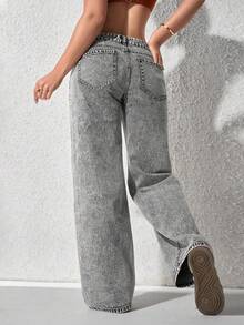 Teen Girl's Fashionable Versatile Pocketed Casual Wide-Leg Jeans - Grey - View 3