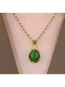 Spinach Green Old Material Imitation Agate Jade Stone-Shaped Pendant Genuine Sterling Silver Inlaid Natural Jade Pendant Necklace Women - 81號吊墜項鍊 - 查看 4