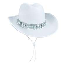Shiny Rhinestone Cowgirl Hat For Women Solid Color Wide Brim Western Cap With Windproof Rope - White - View 6