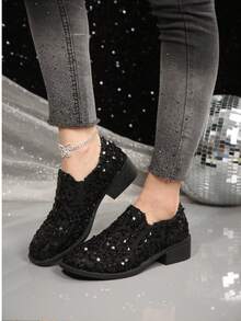 Fashionable Sequin Women's Loafers, -On Flat Casual Shoes, Versatile Spring/Autumn New Style, Suitable For Pregnant Women And Slouchy Wear - Black - View 1