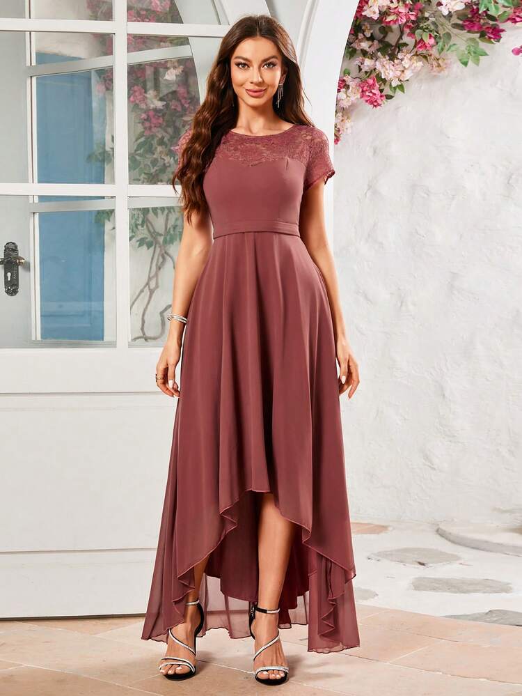 UNITHORSE Lace Patchwork Chiffon Dress With Flared Hem - Redwood - View 3