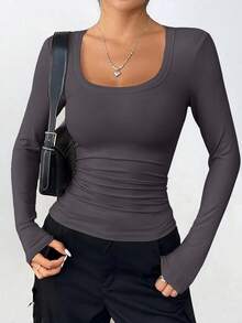 PRETTYGARDEN Women Spring And Fall Long Sleeve Shirts Clothes Cute Going Out Tops Ribbed Tight Fitted Plain Basic Tee Tshirts Vacation Outfits For Women - 深灰色 - 查看 1