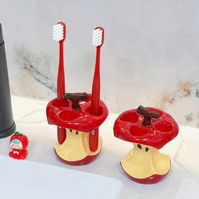 Original Design Fun Apple Core Ceramic Toothbrush Holder - Whimsical Red & Yellow Bathroom Decor, Freestanding No-Electricity Countertop Organizer, Durable Ceramic Holiday Gift For Home, Toothbrush Holder For Bathroom, Home Decor, Playful Decor, Glossy Finish, Novelty Decor, Home Decor Lovers