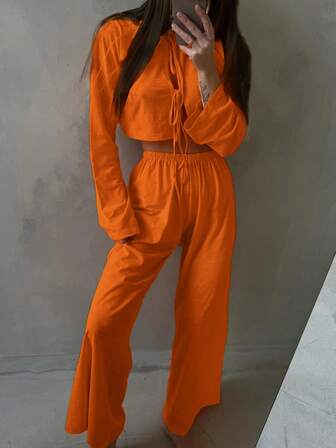 2pcs Set New Solid Color Soft Comfortable Casual Sweet Fresh Tie-Up Drawstring Long Sleeve Cropped Top And Wide Leg Pants Loungewear Set, Suitable For All Seasons, Autumn/Winter