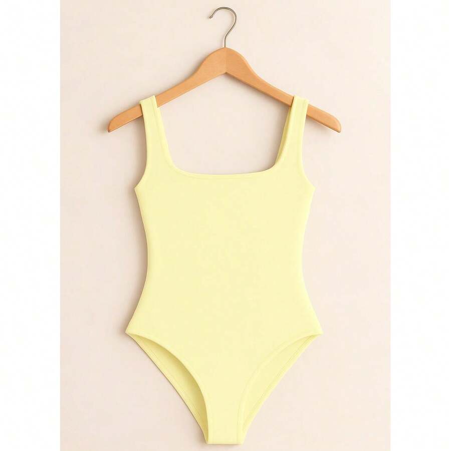 Women's Bori Bodysuit Square Neck Tank Top Thick Strap Basic Casual Blogger Suplex Various Colors Spring Summer - Màu vàng - Xem 1