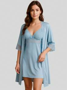 Luxury Romantic And Lace Robe Comfortable Bathrobe Night Line Bride And Maternity - Celeste - Ver 1