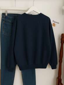 Sudadera lisa unisex de manga larga con cuello redondo y puños ajustados, estilo cárdigan. Ideal para looks casuales o de entretiempo. - Azul Marino - Ver 2