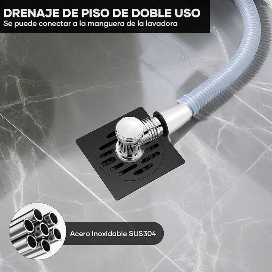 HEEDU Drenaje de Piso de Doble Usos - 10 * 10CM, SUS304 Acero Inoxidable, Puede conectarse al Tubo de desagüe, Drenaje de Ducha Cuadrado para Aseo, Cocina, Jardín, Piscina (Negro) - Negro - Ver 1