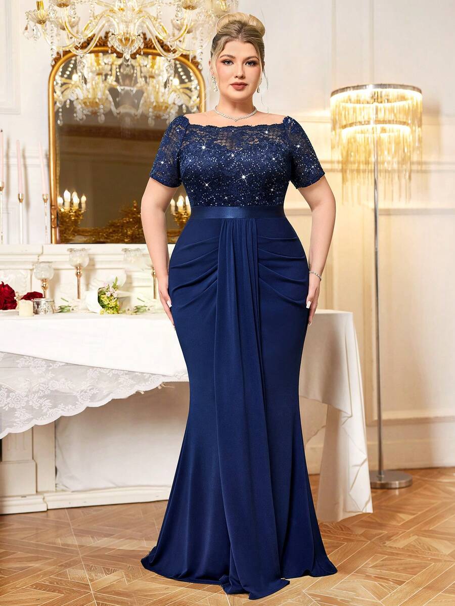 大码V领亮片花卉蕾丝撞色荷叶边鱼尾正式礼服，适合晚宴、婚礼宾客、舞会、生日、节日、毕业典礼等场合。