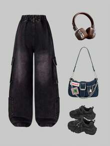 Quần jeans ống rộng màu đen phong cách Y2K cho bé gái tuổi teen, thoải mái và hoài cổ, thích hợp mặc thường ngày, dự tiệc hè và thu, lễ hội, thời trang đường phố, đồng phục học sinh, quần jeans ống rộng, quần jeans dáng rộng, quần jeans phong cách Y2K, trang phục mùa đông. - màu đen - Xem 3