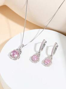 AETOLIA 1 Set aus Halskette und Ohrrringen, modischer Hochzeitsschmuck Set aus 925er Silber mit edlem rosa Zirkonia Stein, passend für Frauen zum Tragen an Dates oder zur Hochzeit