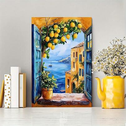 1pc Mediterranean Window Scenery Wall Art, Coastal Lemon Tree Canvas Painting, Italian Seaside Landscape Poster, Blue Aesthetic Decor For Bedroom, Living Room Or Apartment, Frameless Wall Decor Gift For Her