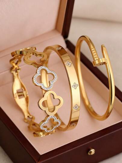 Set de 3 piezas/1 pieza Pulsera de acero inoxidable chapada en oro de 18K con trébol de cuatro hojas, adecuada para fiestas, uso diario, estilo europeo y americano, personalizada, generosa, pulsera de circonita cúbica de lujo, conjunto de joyería de boda, regalo para niñas, mujeres, familiares, amigos, boda hermosa, cumpleaños, Día de San Valentín