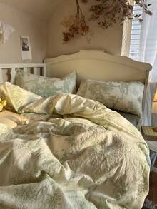 4 piezas Juego de ropa de cama floral vintage, ropa de cama suave y cómoda para el dormitorio, patrón verde lindo de flores y plantas, transpirable y suave para todas las estaciones, incluye 1 funda nórdica, 1 sábana plana, 2 fundas de almohada, sin relleno, adecuado para dormitorio, dormitorio, uso doméstico, disponible en varios tamaños