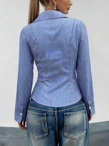 女士时尚撞色条纹前扣长袖秋季修身纽扣长款设计衬衫 - 藍色 - 查看 4