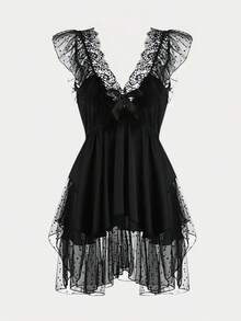 Áo ngủ nữ chấm bi lưới không tay cổ chữ V hở lưng - màu đen - Xem 1