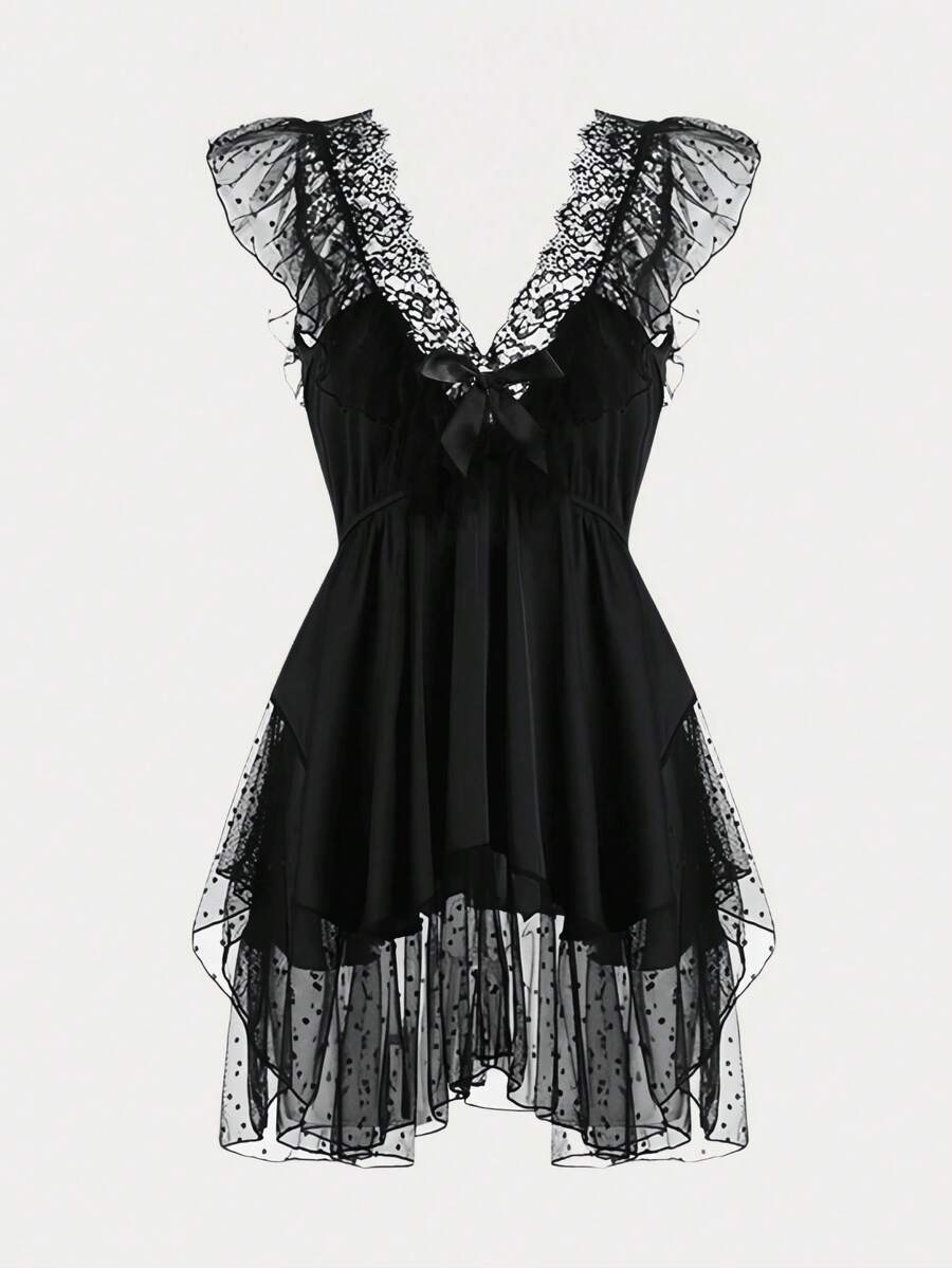 Áo ngủ nữ chấm bi lưới không tay cổ chữ V hở lưng - màu đen - Xem 1