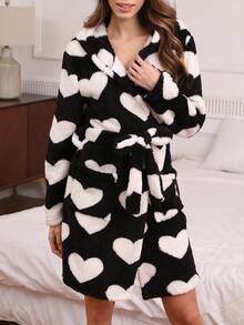 心形毛绒连帽腰带休闲蓬松舒适冬季睡袍 - 黑與白 - 查看 6