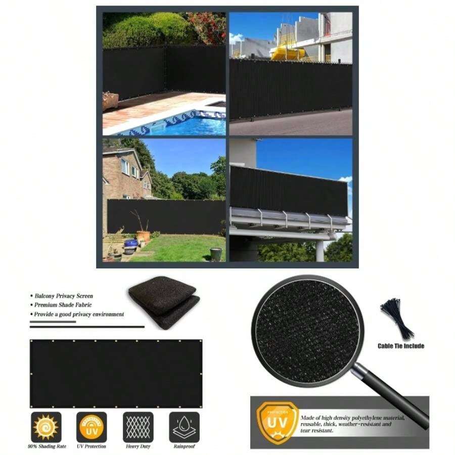 Balcony Privacy Screen Fence Cover 3'x16' HDPE Shade Mesh Fabric With Ties, 90 Visibility Block, Wind Patio, Deck, Porch, Pool, Backyard, Apartments Railing - 3x10英尺+黑色 - 查看 1