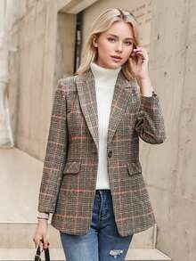 2025秋冬新款韩版格子羊毛西装外套女休闲优雅英伦风西装外套 - 棕色 - 查看 9