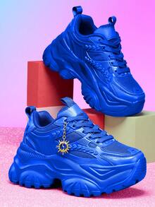 7cm Elevator Women's Casual Sports Shoes With 3D Metal Sunflower Decor Chain, Outdoor EVA Platform High-Top Sneakers, Lightweight Soft Shock-Absorbing Non-Slip Running Shoes, Breathable Mesh Summer Sandals, Round Toe Lace-Up Rhinestone Blue Plus Size Shoes For Daily, School, Work, Workout - Blue - View 7