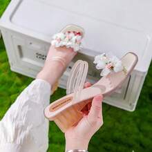 2025 New Fairy Style Fashion Summer Floral High Heel Convertible Thick Heel Transparent Crystal Sandals