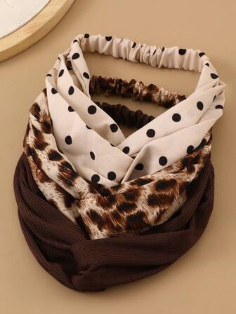 3pcs Women's Fashion Leopard Print & Polka Dot Crossover Headband Hair Accessories, Suitable For Everyday Autumn/Winter Outfits Elegant Scarf Warm Hair Bands Women Bandanas