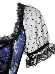 Jutrisujo Blue Corsets Bustier For Women With Sleeves Zipper Basques Lace Lingerie Top Plus Size Gothic Renaissance Halloween Costumes - 8108-Blue - 查看 3