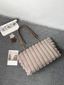 1pc Large Capacity Plush Zipper Tote Bag, Fashion Metal Chain Furry Autumn/Winter New Style Oversized Bag, Suitable For Women's Daily Use