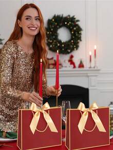 5pcs/1pc-Landscape-Style Kraft Paper Gift Bags, Shopping Bags, Packaging Bags With Handles, Bow-Decorated Handbags, Trick Or Treat, Halloween, White Large-Capacity Paper Bags, Halloween, Thanksgiving, Christmas, New Year, Wedding, Birthday Gift Packaging Bags, Simple Solid-Color Shopping Bags, Small Business Supplies