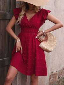 雪纺褶皱绒球V领连衣裙，120克梭织面料，梦幻飘逸，仙女风夏季连衣裙 - 紅色 - 查看 2