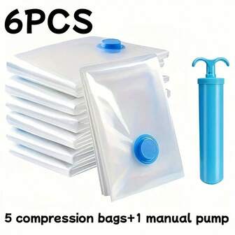 6PCS/Set Oversized Vacuum Storage Bag Set - (15.7x23.6 Inches With 1 Manual Pump) Reusable, Space-Saving, Sealed Compression, Dustproof, No Power Required - Perfect For Clothing And Bedding, Travel, And Wardrobe Storage, Vacuum Storage Bags, Portable Travel Bags, Clothing Storage Bags, Luggage Packing Bags